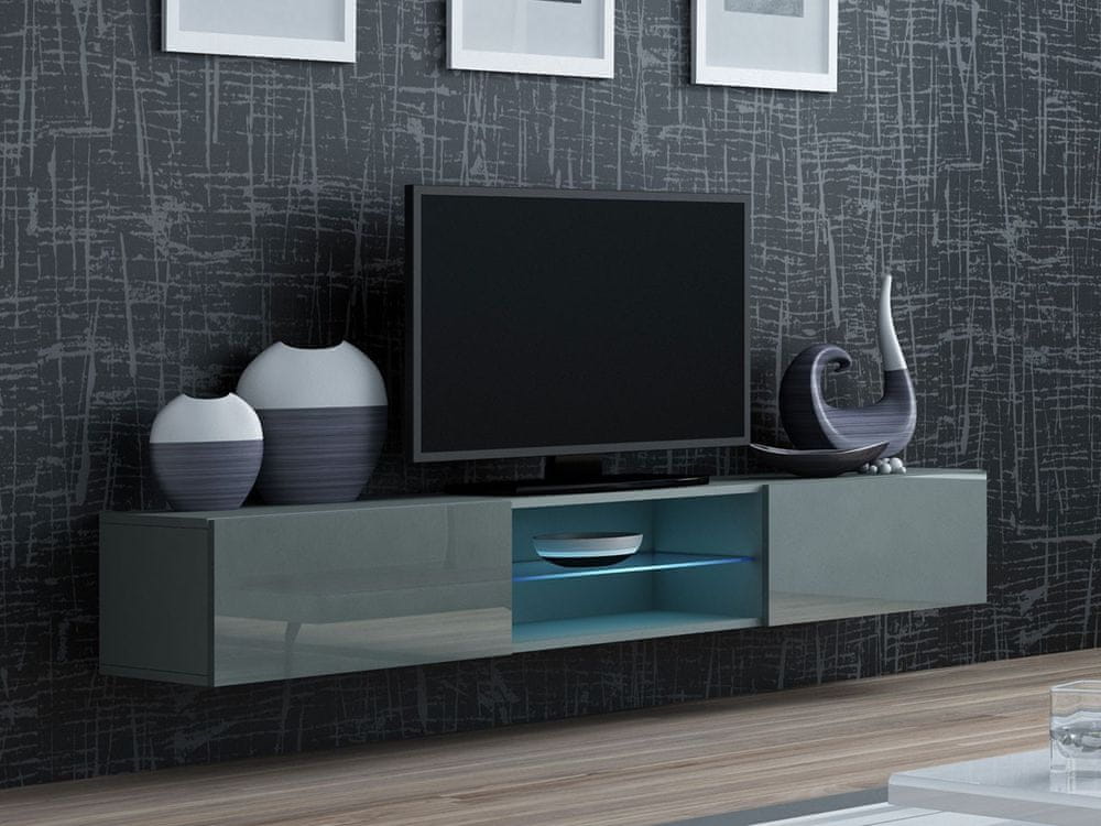 Veneti Televízny stolík so sklenenou poličkou a LED RGB osvetlením ASHTON - šedý / lesklý šedý